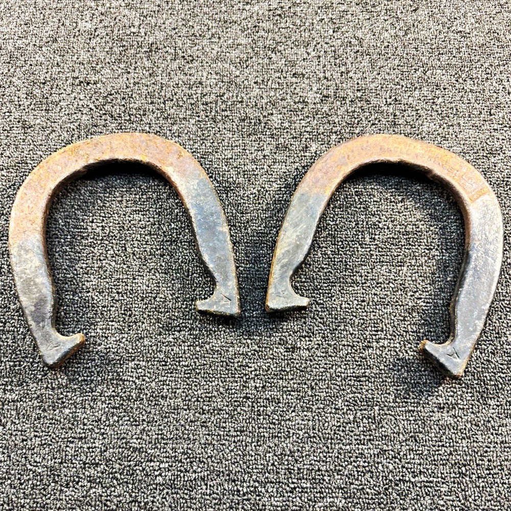 Pair Vintage Forged Steel Horseshoes w/ Stamped Markings Prof Eagle Ringers